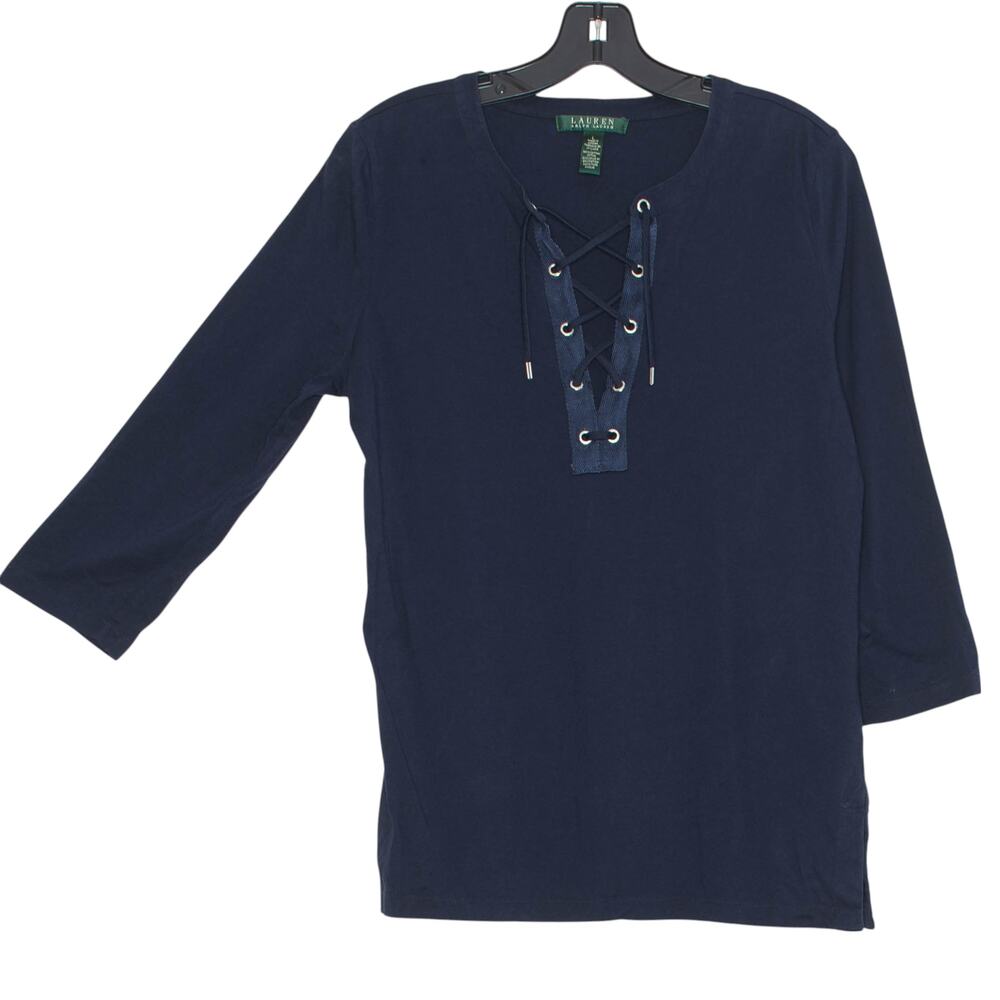 Lauren Ralph Lauren Top 3/4 Sleeve Coastal Nautical Quiet Luxury Blue Size Large - Picture 4 of 4